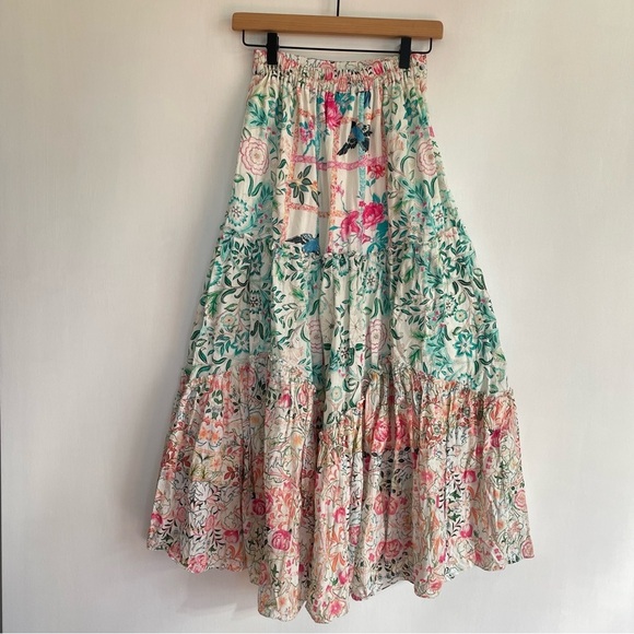 Hemant and Nandita Cotton High Waist Printed Midi Skirt Slit Tiered Colorful XS - Picture 4 of 13